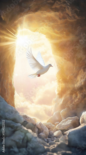 Dove fly against backdrop of empty cave, symbolize hope, redemption follow Jesus Christ crucifixion, death, resurrection, stone tomb now open, marke triumph over grave watercolor soft monotone.