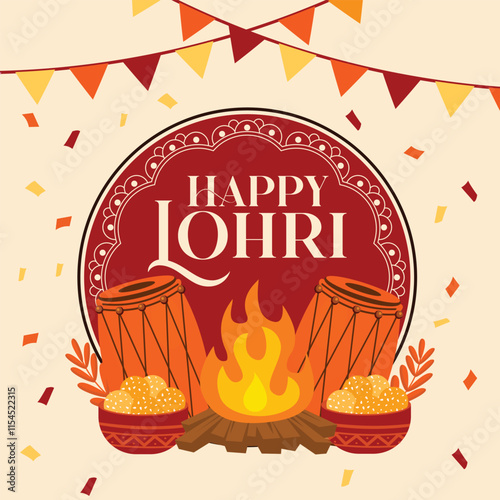 Traditional Happy Lohri post design for social media featuring drums, bonfire, sweets, and festive banners on a red background. Perfect for Lohri typography posts and Punjabi cultural event promotions photo