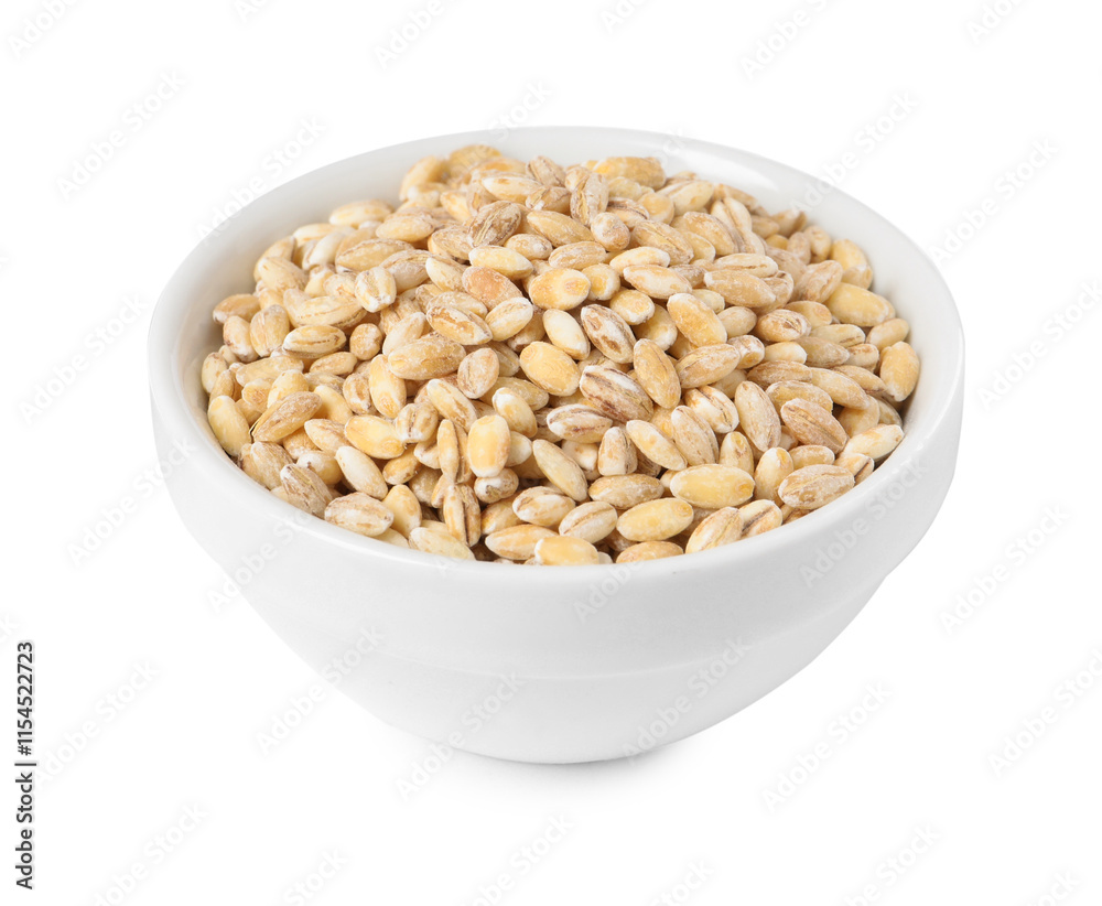 Pearl barley groats in bowl isolated on white Pearl barley groats in bowl isolated on white