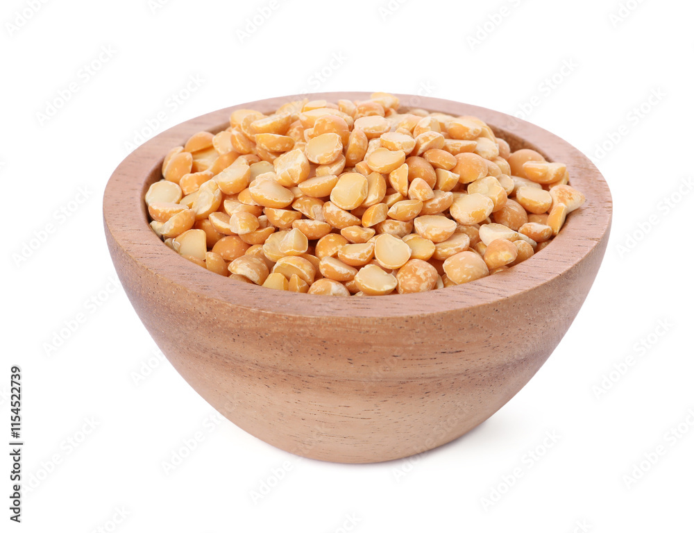 Dried peas in wooden bowl isolated on white Dried peas in wooden bowl isolated on white