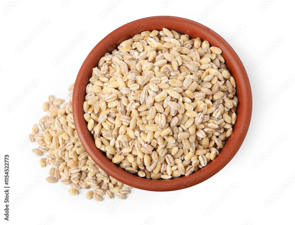 Pearl barley groats in bowl isolated on white, top view Pearl barley groats in bowl isolated on white, top view