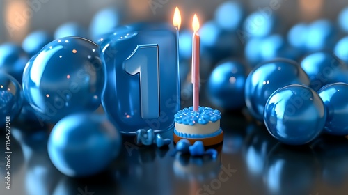 First birthday cake with candle and blue balloons.