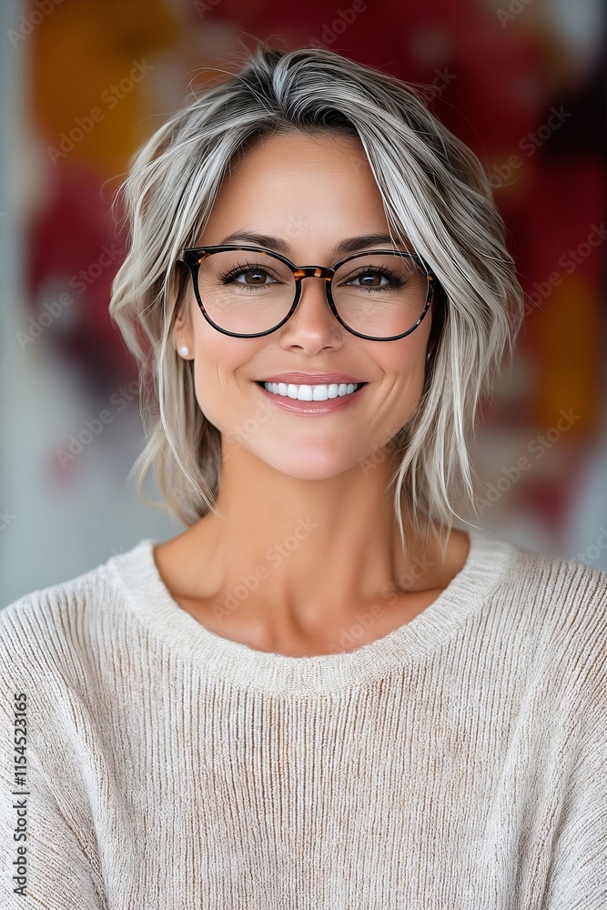 A woman wearing glasses and smiling at the camera A woman wearing glasses and smiling at the camera