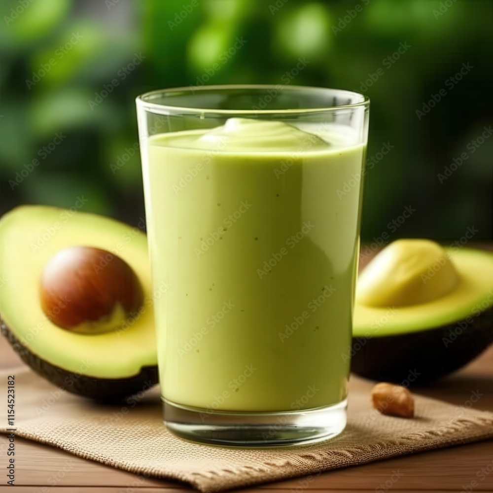 A glass of green smoothie sits on a table next to an avocado