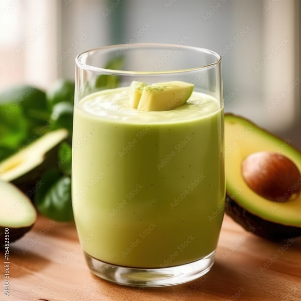 A glass of green smoothie with a piece of avocado on top A glass of green smoothie with a piece of avocado on top