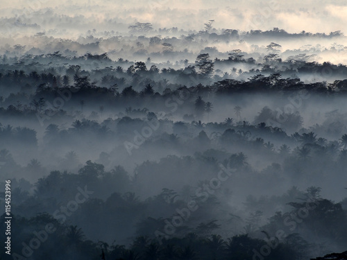 An aerial view of Borobudur Temple in a foggy and misty morning seen from Setumbu Hill using Tele Zoom lens to capture the beautiful nature and a sacred temple. photo