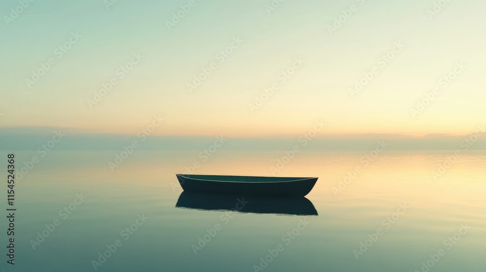Serene Sunset Over Calm Water with a Single Boat Silhouette at Dusk Serene Sunset Over Calm Water with a Single Boat Silhouette at Dusk