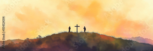 Sun set behind hill  wooden cross silhouetted against  sky paintt in vibrant colors, symbolize sacrifice of Jesus Christian faith, promise Easter hope horizon. Watercolor soft monotone banner. photo