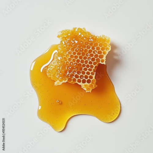 A honeycomb is on a white background with a drop of honey on it