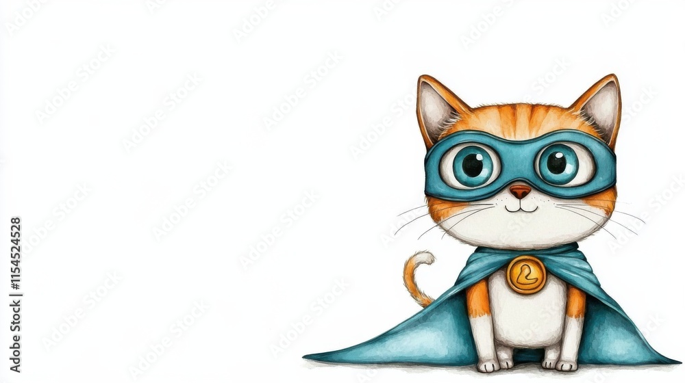 Fototapeta premium Adorable Superhero Cat in Mask and Cape Leaping into Action with Heroic Pose