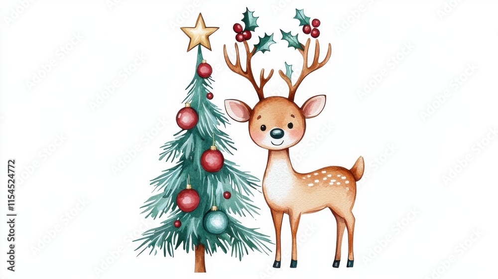 Festive Deer with Antlers Decorated with Christmas Tree and Ornaments Festive Deer with Antlers Decorated with Christmas Tree and Ornaments