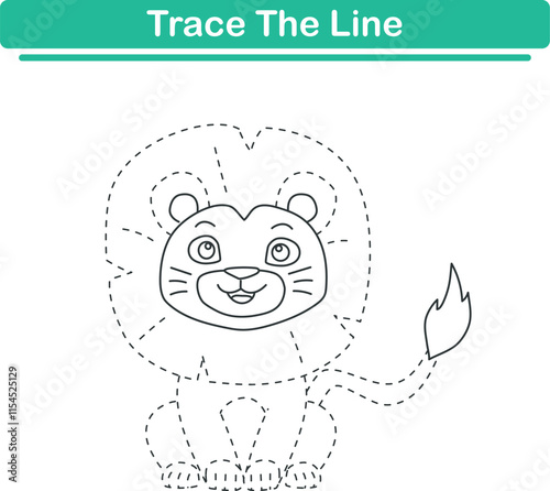 Trace line worksheets for children. Preschool handwriting practice with lion. Vector illustration