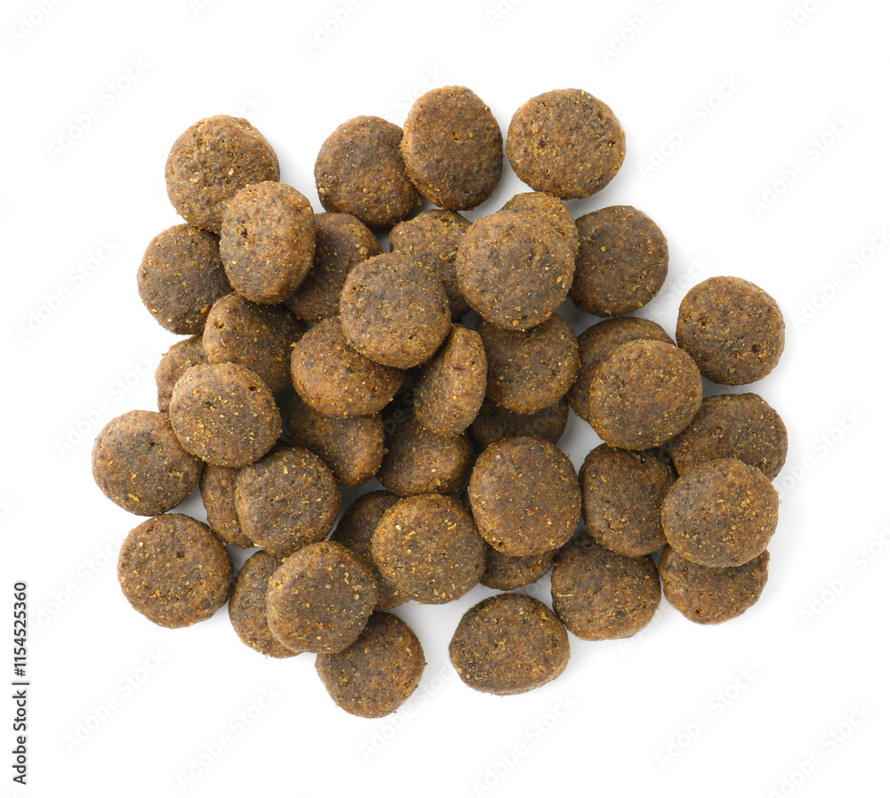 Pile of pet food isolated on white, top view Pile of pet food isolated on white, top view