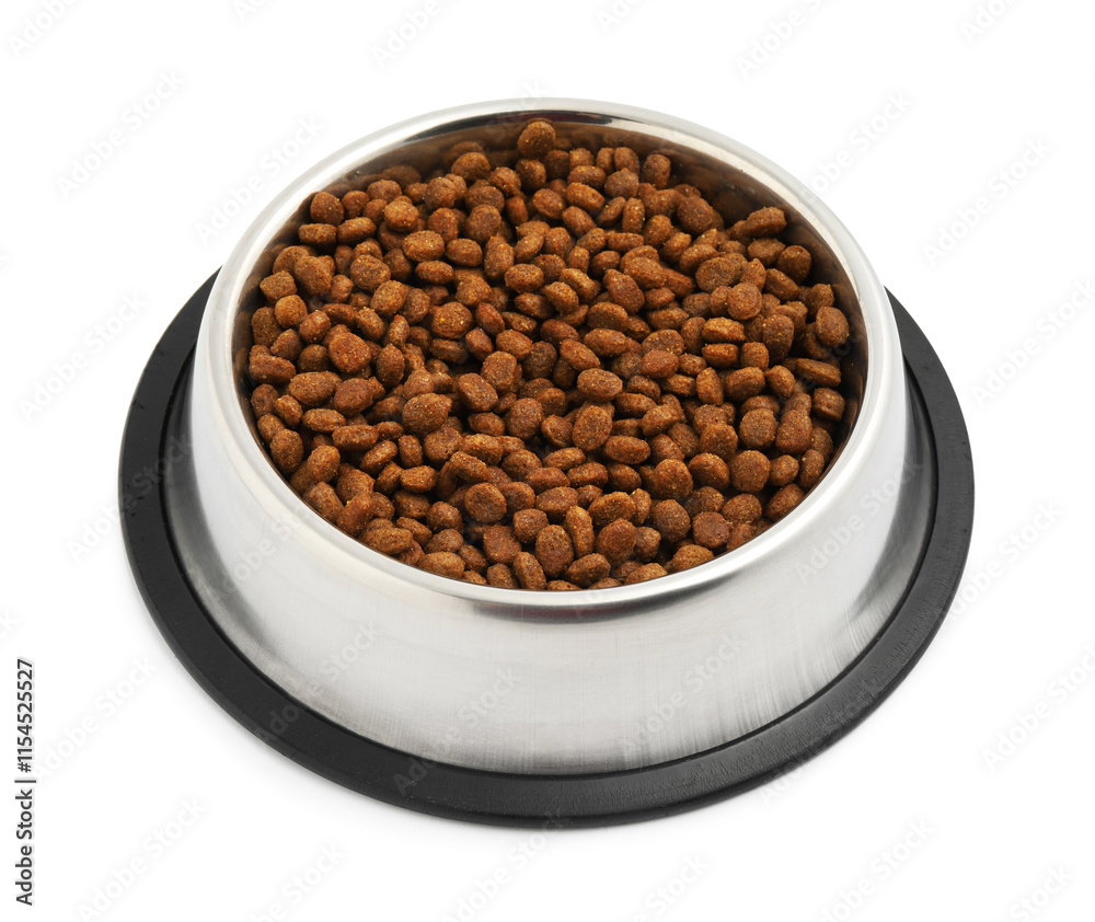 Dry pet food granules in feeding bowl isolated on white Dry pet food granules in feeding bowl isolated on white