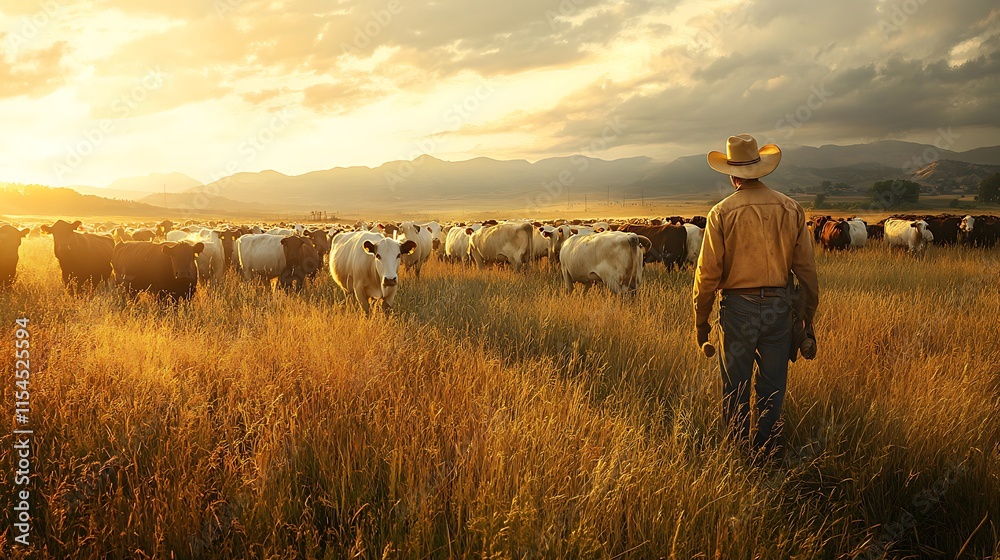 Farmer Inspecting a Herd of Livestock on a Sunny Farm Landscape Farmer Inspecting a Herd of Livestock on a Sunny Farm Landscape