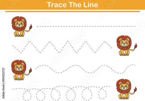 Trace line worksheets for children. Preschool handwriting practice with lion. Vector illustration