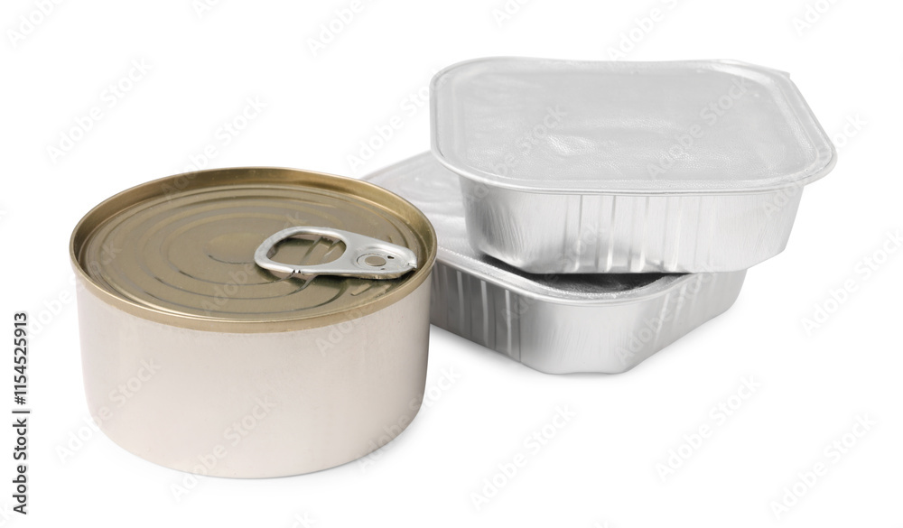 Pet food in foil containers and tin can isolated on white Pet food in foil containers and tin can isolated on white
