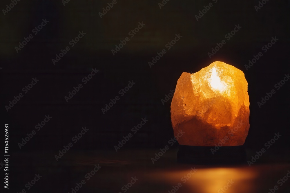 Salt lamp glowing in darkness, low-key composition, warm ambient lighting Salt lamp glowing in darkness, low-key composition, warm ambient lighting