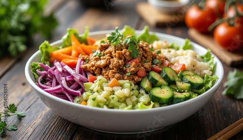 Vibrant Vegan Buddha Bowl on Rustic Table Assortment of Fresh Vegetables and Grains Natural Colors Bright Daylight