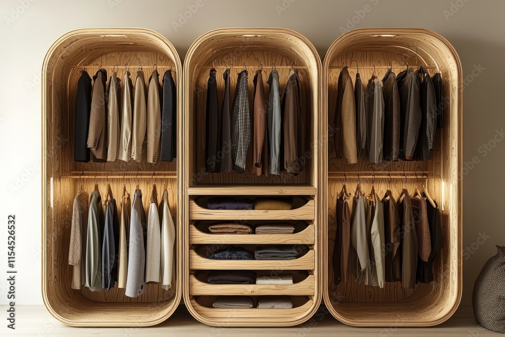 A set of wooden racks designed for clothing storage, offering an aesthetically pleasing and functional solution for garment organization. A set of wooden racks designed for clothing storage, offering an aesthetically pleasing and functional solution for garment organization.