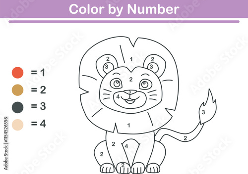 Color by numbers. Coloring page for kids. Coloring with cute lion. Vector illustration