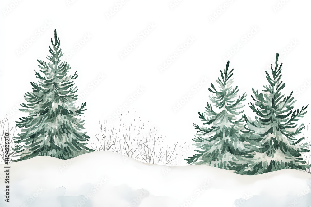 Obraz premium A snowy landscape with two evergreen trees in the foreground
