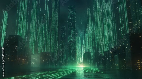 A futuristic cityscape with green digital rain and glowing elements.