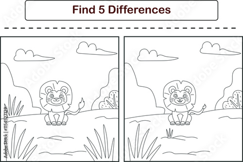 Funny cartoon lion. Find 5 differences. Kids Education games. Cartoon vector illustration