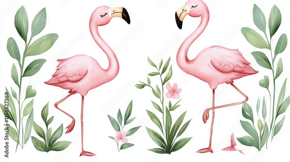 Obraz premium Vibrant Flamingo Pair Amid Lush Tropical Foliage