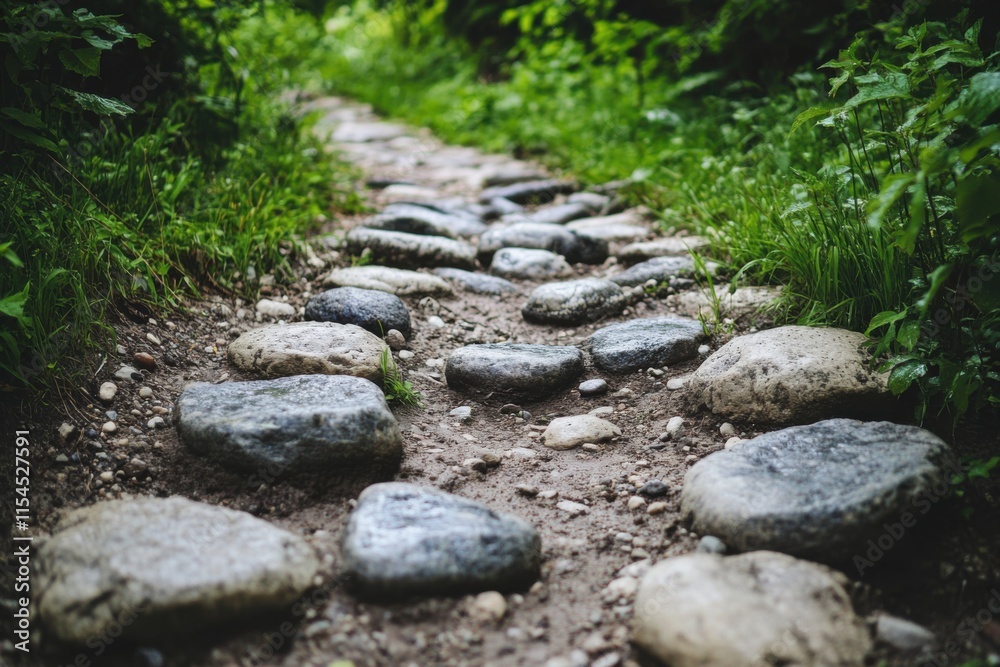 Scattered river stones creating a path, high-angle composition, overcast natural lighting Scattered river stones creating a path, high-angle composition, overcast natural lighting