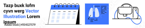 Calendar with spiral binding, lungs X-ray on blue background, medical bag with stethoscope. Ideal for medical websites, appointment booking, health records, clinics, healthcare apps, educational