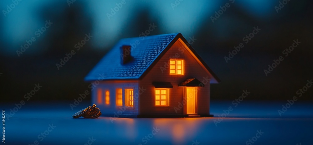 A miniature illuminated house with a wedding ring beside it. A miniature illuminated house with a wedding ring beside it.