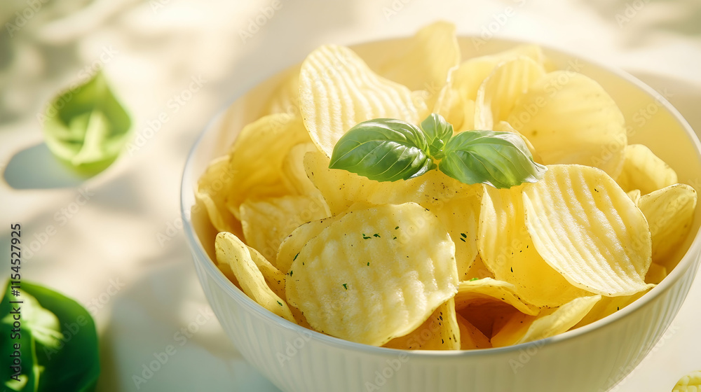 Delicious crispy potato chips kitchen table food photography bright natural light close-up taste satisfaction Delicious crispy potato chips kitchen table food photography bright natural light close-up taste satisfaction