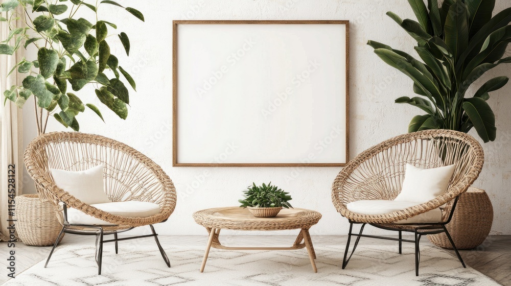Relaxing boho living room with wicker chairs, plants, and blank frame. Relaxing boho living room with wicker chairs, plants, and blank frame.