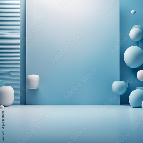 Modern Minimalist Blue Interior with Abstract Geometric Shapes, Stylish blue minimalist interior featuring abstract geometric shapes, pendant lighting, and clean lines, perfect for product mockups