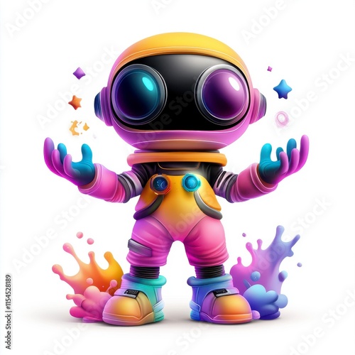 A colorful robot astronaut is standing in a splash of paint photo