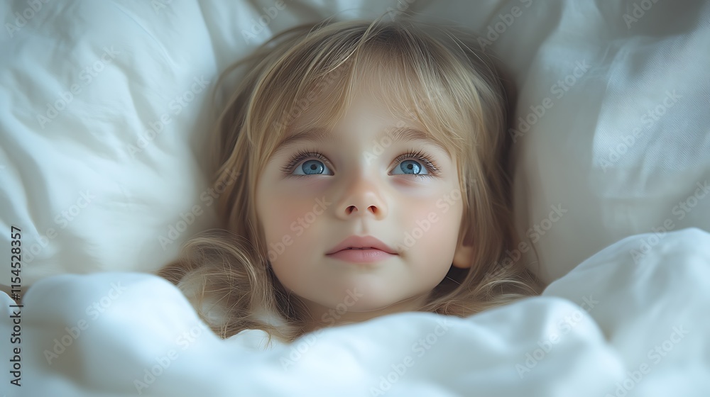 Adorable blonde girl lying in bed, gazing upwards. Adorable blonde girl lying in bed, gazing upwards.