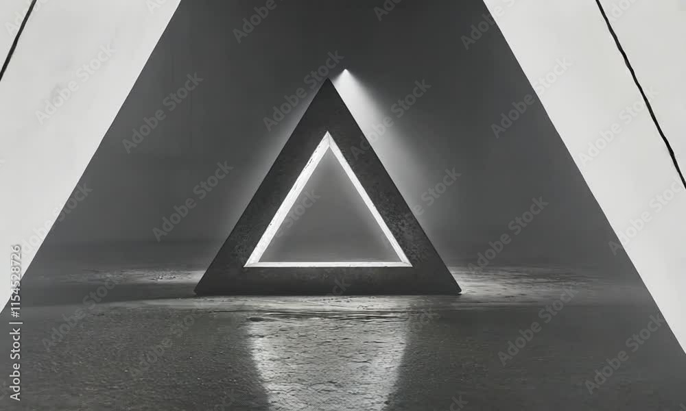 A glowing triangular structure in a dark, minimalist environment.