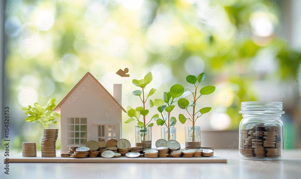 A model house surrounded by coins and plants, symbolizing financial growth. A model house surrounded by coins and plants, symbolizing financial growth.