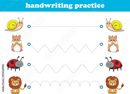 Handwriting Practice. Tracing lines for kids with animals. Vector Illustration
