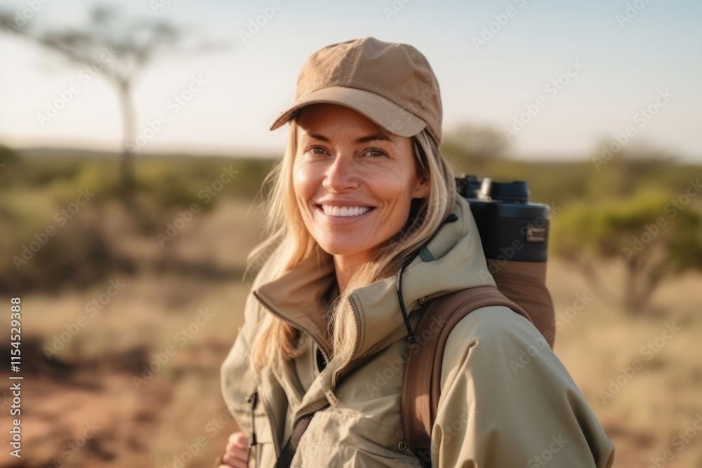 Portrait of a happy woman hiking in the savannah at sunset Portrait of a happy woman hiking in the savannah at sunset