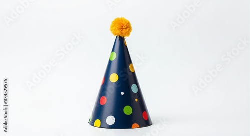 Party hat with colorful polka dots and pompom for festive celebration photo