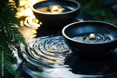 Sound therapy bowls with water ripples, high-speed photography, dramatic side lighting photo