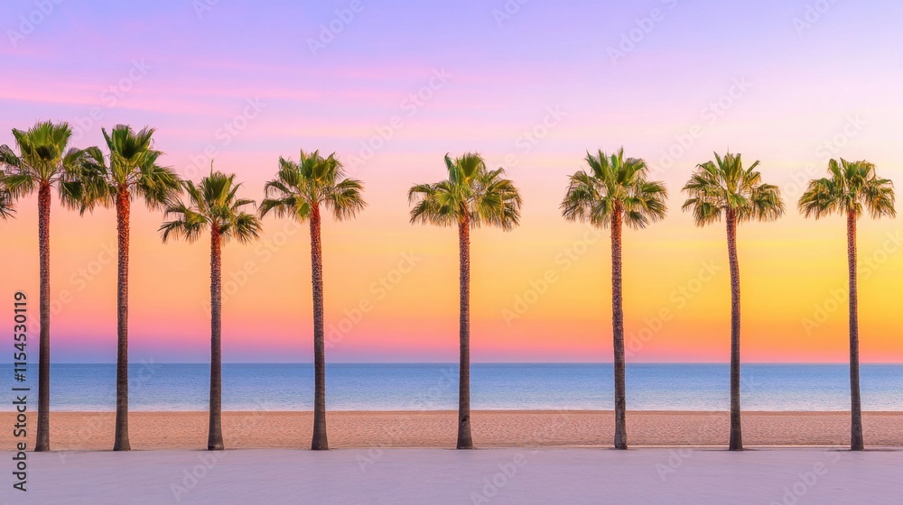 Obraz premium Serene Sunset Over Palm Trees at Beachside with Vibrant Sky Colors