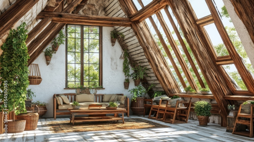Sunlit attic room with plants, wooden beams, and furniture. Sunlit attic room with plants, wooden beams, and furniture.