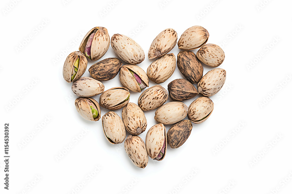 Heart Shape Created with Naturally Shelled Pistachio Nuts on White Background Heart Shape Created with Naturally Shelled Pistachio Nuts on White Background