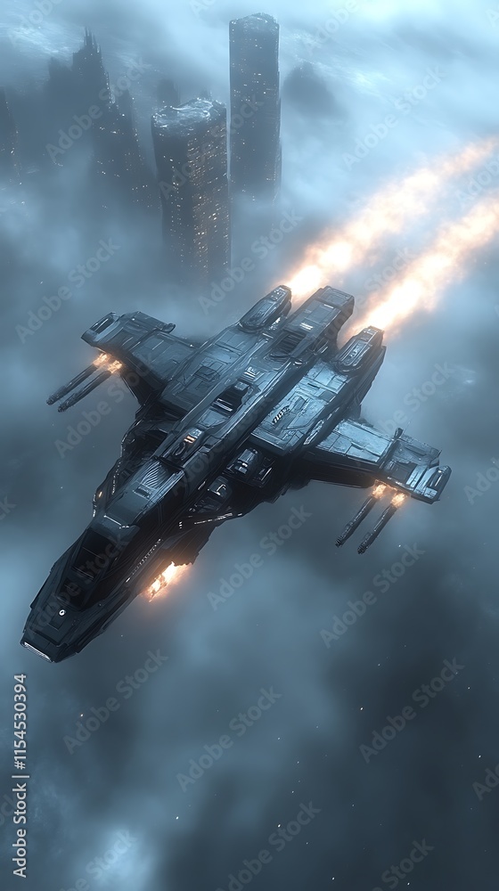 Naklejka premium Futuristic spaceship flying above cloudy cityscape.