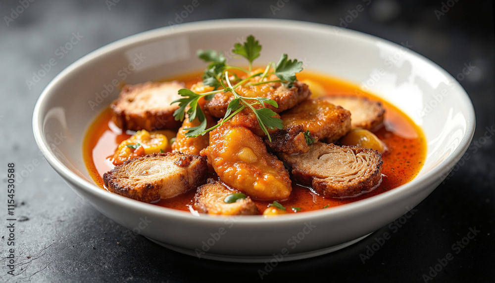 Elegant Presentation of Thai Red Curry with Sliced Duck in a White Bowl Elegant Presentation of Thai Red Curry with Sliced Duck in a White Bowl