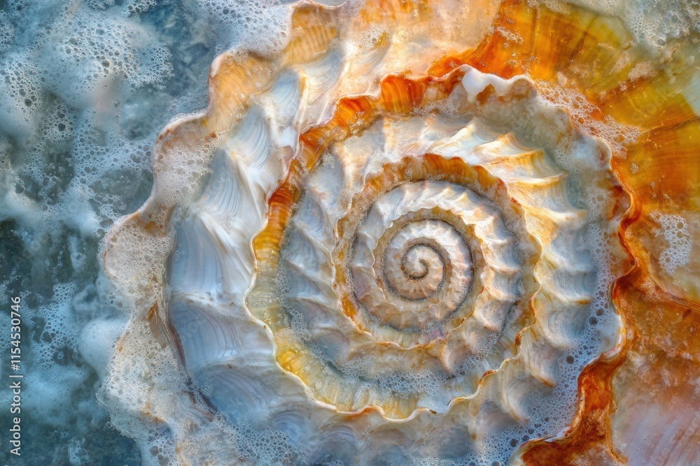 Spiral composition of seashells with tidal patterns, beach sunrise, coastal nature style Spiral composition of seashells with tidal patterns, beach sunrise, coastal nature style