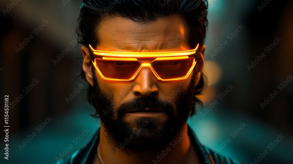 Man with illuminated sunglasses, serious expression. Man with illuminated sunglasses, serious expression.